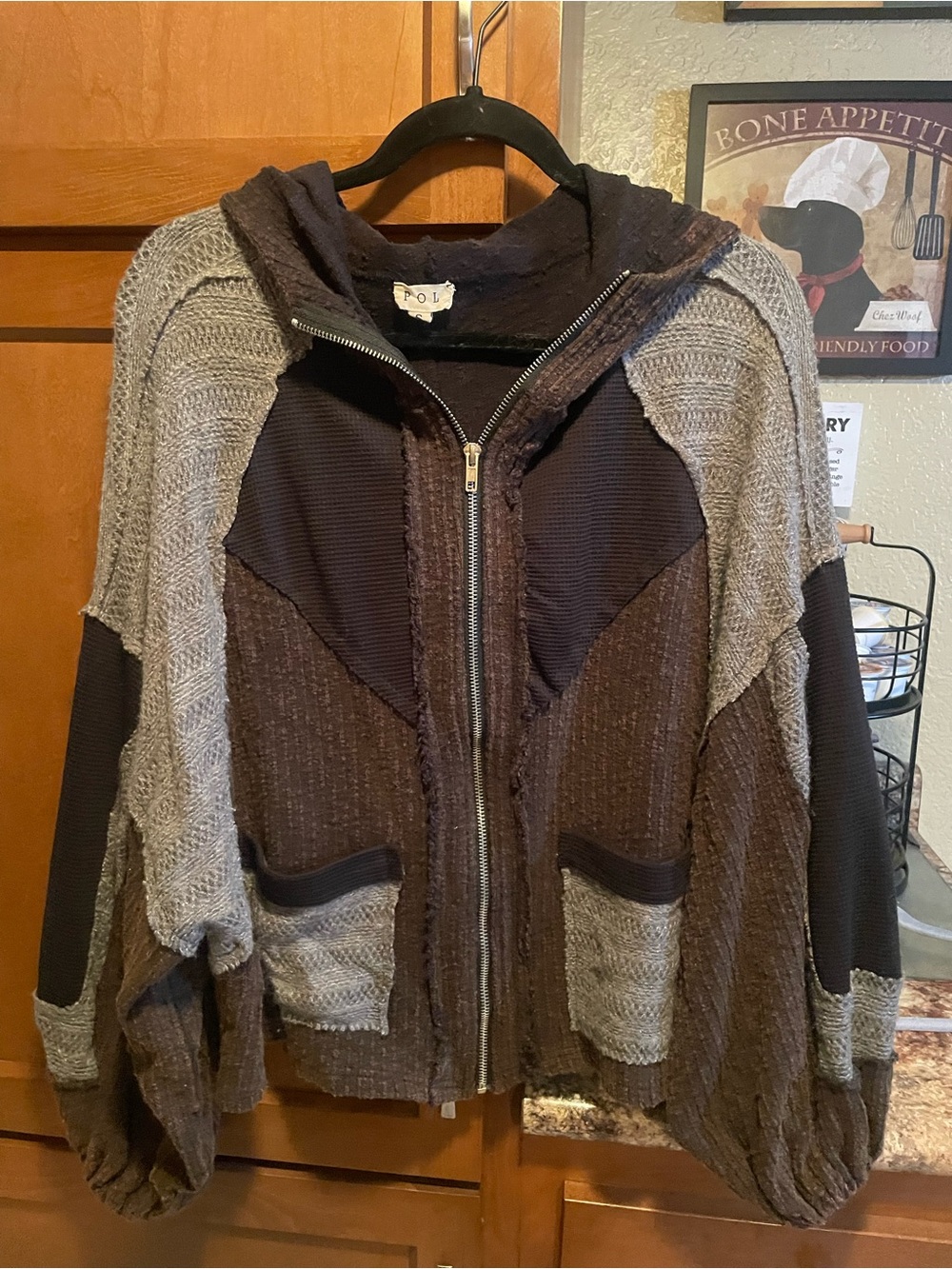 POL Patchwork Hooded Zip Front Jacket in Brown and Gray